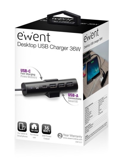Carregador USB Ewent EW1317 Desktop USB Charger 36W com 1 USB-C com Power Delivery 4